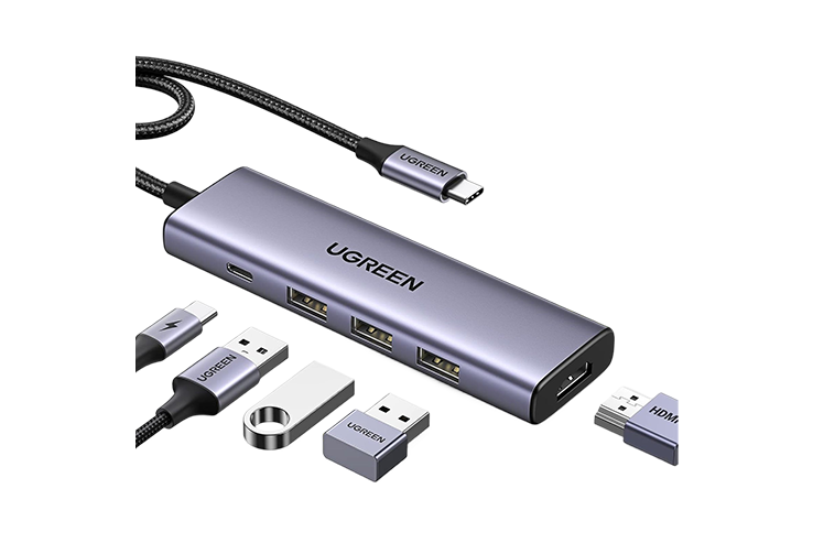 موزع UGREEN 15597 USB-C خمسة في واحد مع HDMI و3 منافذ USB وشحن PD