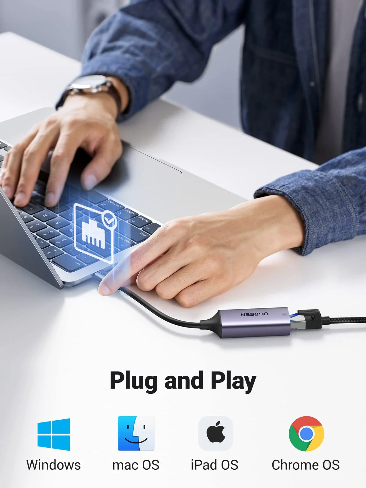 محول USB-C إلى Ethernet بسرعة 2.5Gbps UGREEN 25052 بخلفية بيضاء