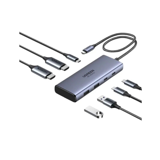موزع UGREEN 45379 USB-C سبعة في واحد مع منفذي HDMI وشحن PD 100 واط