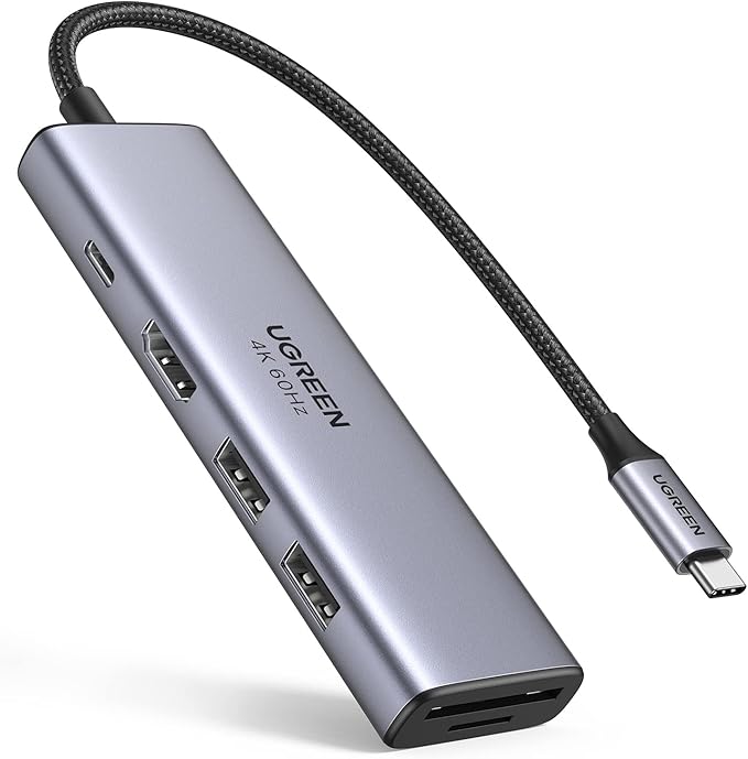 موزع USB-C ستة في واحد مع HDMI وشحن PD وقارئ بطاقات UGREEN 60384 بخلفية بيضاء