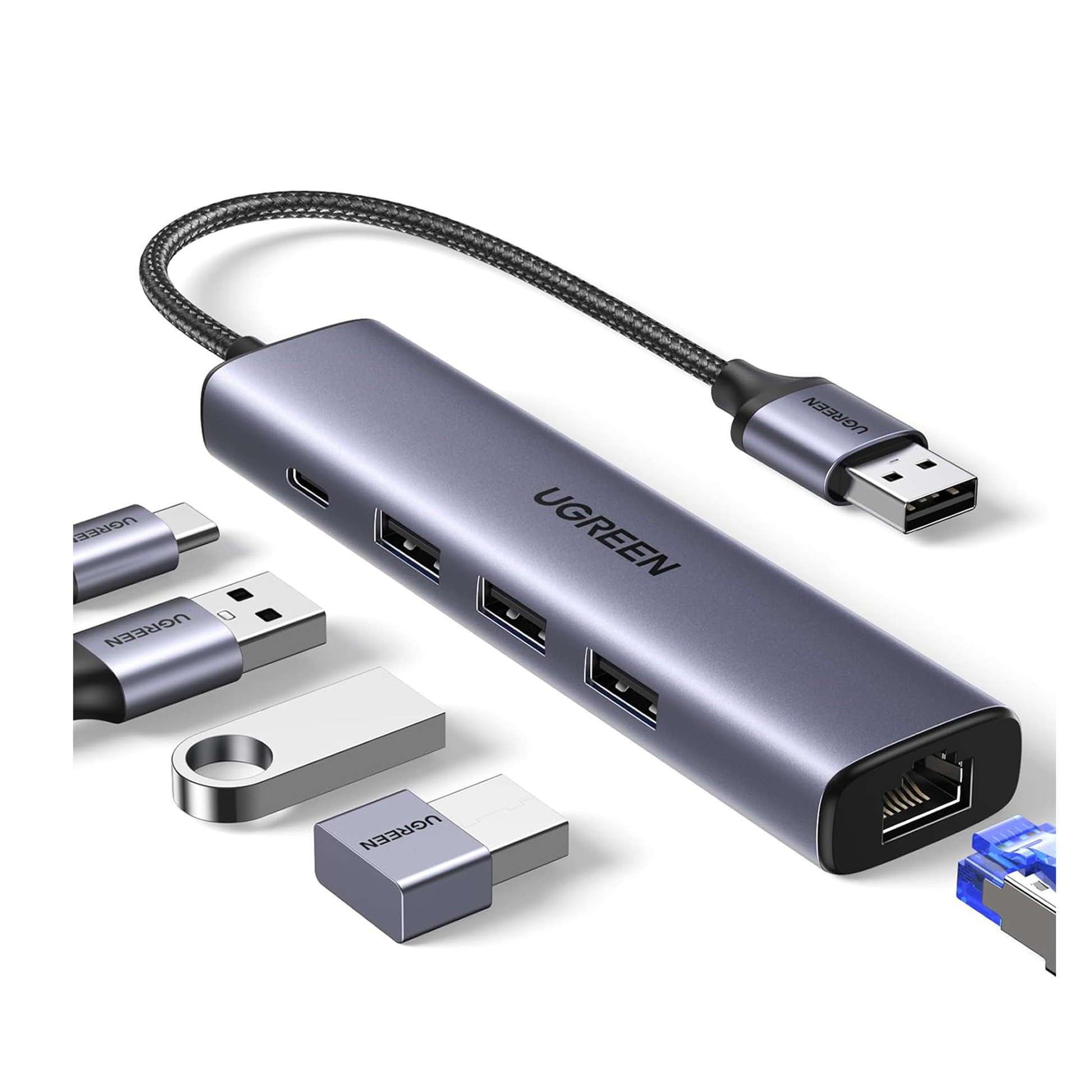 موزع USB 5 في 1 مع Ethernet UGREEN 60554 بخلفية بيضاء
