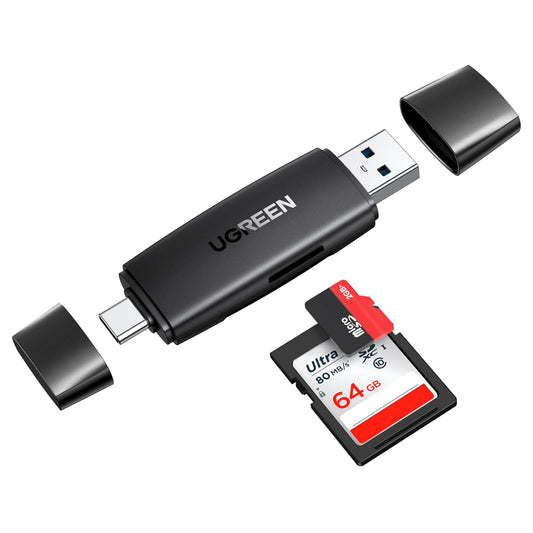 قارئ بطاقات SD وMicroSD ثنائي USB-C وUSB-A UGREEN 80191 بخلفية بيضاء
