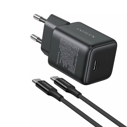 طقم شاحن UGREEN X513 بقدرة 30 واط مع كيبل USB-C بطول متر باللون الأسود